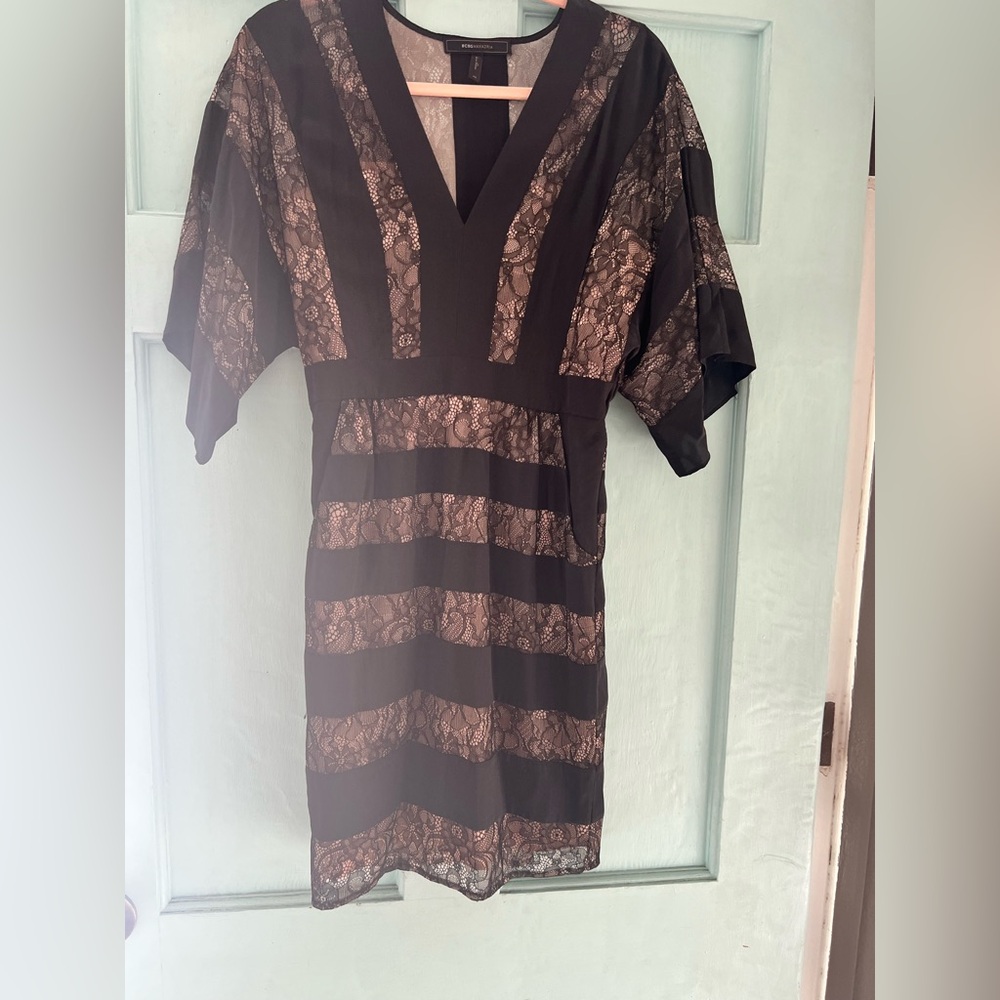 BCBGMaxAzria Black and Tan Striped Lace Midi Dress